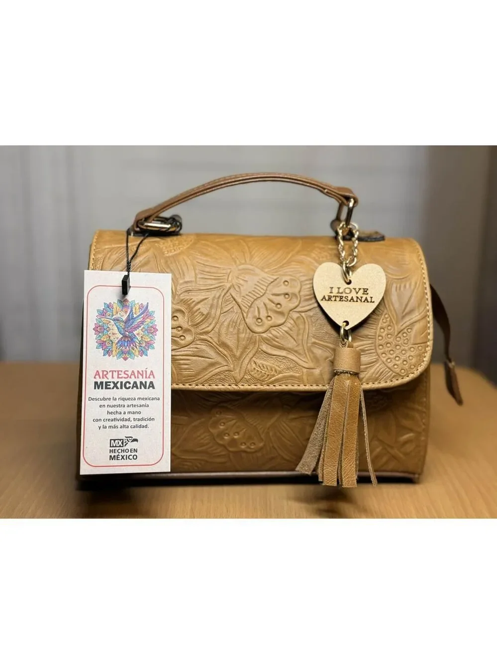 Camel Beige Sunflower Embossed Tooled Artisan LEATHER Crossbody bag Purse